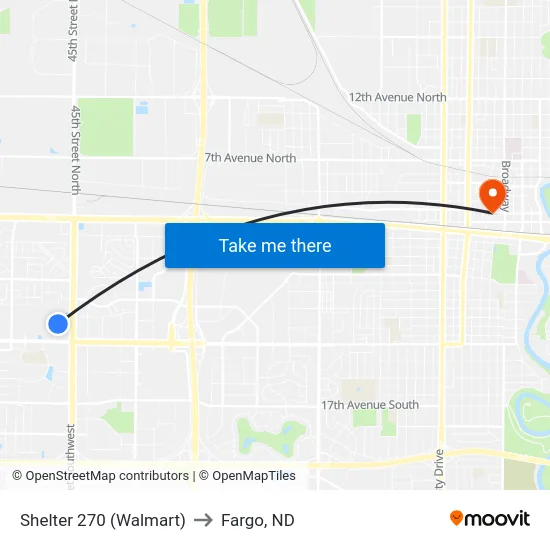 Shelter 270 (Walmart) to Fargo, ND map