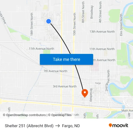 Shelter 251 (Albrecht Blvd) to Fargo, ND map