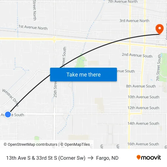 13th Ave S & 33rd St S (Corner Sw) to Fargo, ND map