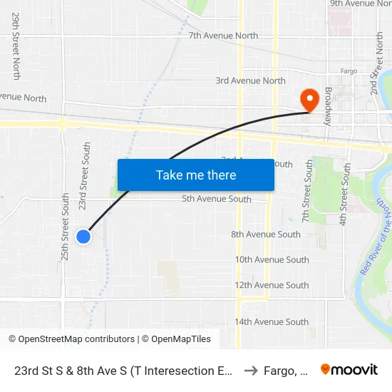 23rd St S & 8th Ave S (T Interesection East) to Fargo, ND map
