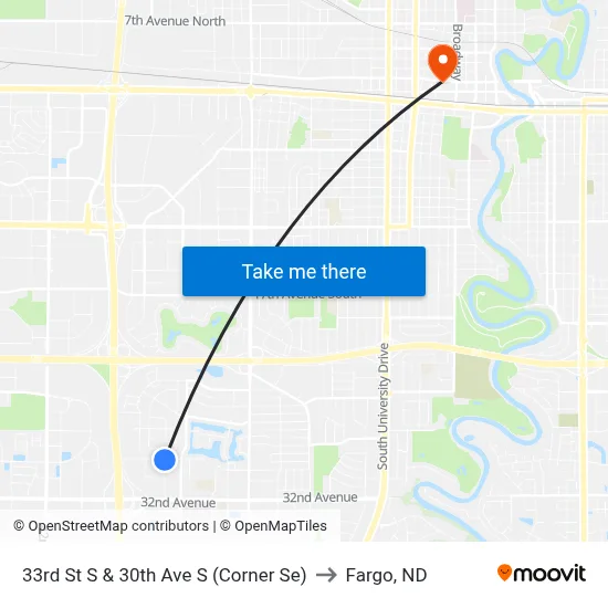 33rd St S & 30th Ave S (Corner Se) to Fargo, ND map