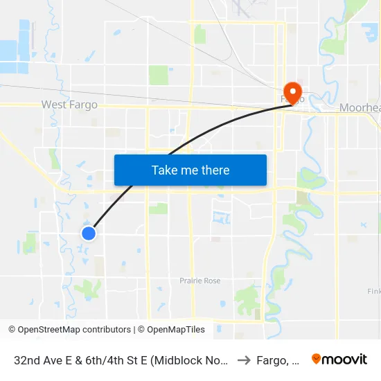 32nd Ave E & 6th/4th St E (Midblock North) to Fargo, ND map