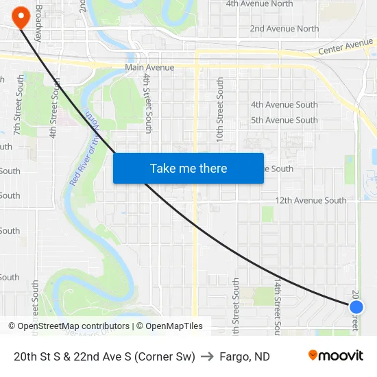 20th St S & 22nd Ave S (Corner Sw) to Fargo, ND map