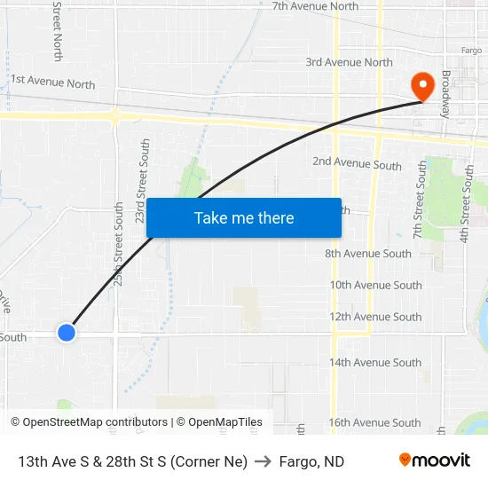13th Ave S & 28th St S (Corner Ne) to Fargo, ND map