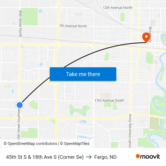 45th St S & 18th Ave S (Corner Se) to Fargo, ND map