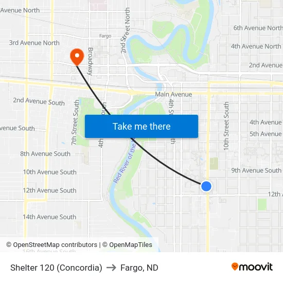 Shelter 120 (Concordia) to Fargo, ND map