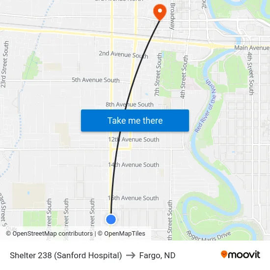 Shelter 238 (Sanford Hospital) to Fargo, ND map