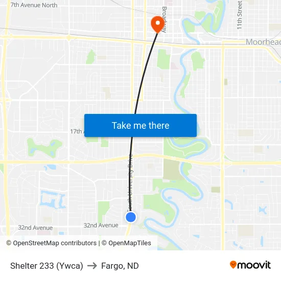 Shelter 233 (Ywca) to Fargo, ND map