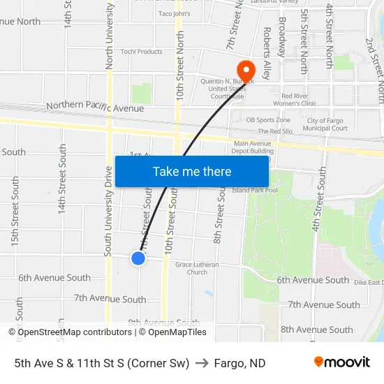 5th Ave S & 11th St S (Corner Sw) to Fargo, ND map