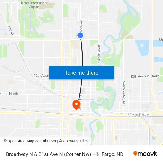 Broadway N & 21st Ave N (Corner Nw) to Fargo, ND map