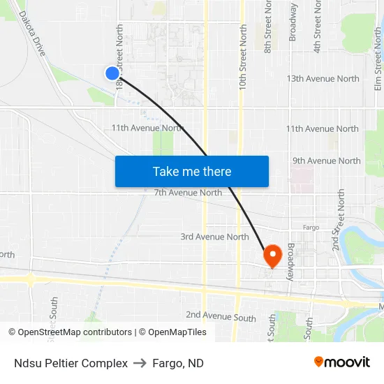 Ndsu Peltier Complex to Fargo, ND map