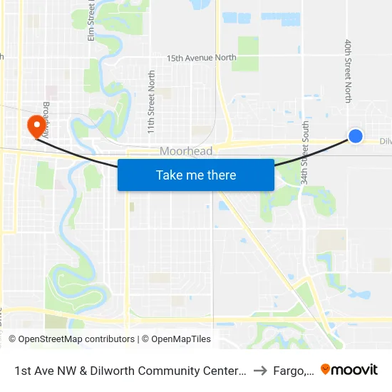1st Ave NW & Dilworth Community Center (Midblock S) to Fargo, ND map