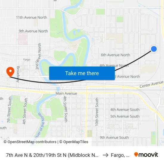 7th Ave N & 20th/19th St N (Midblock North) to Fargo, ND map