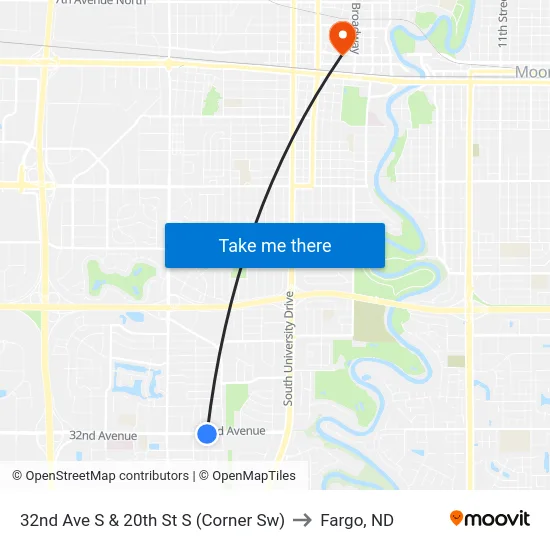 32nd Ave S & 20th St S (Corner Sw) to Fargo, ND map