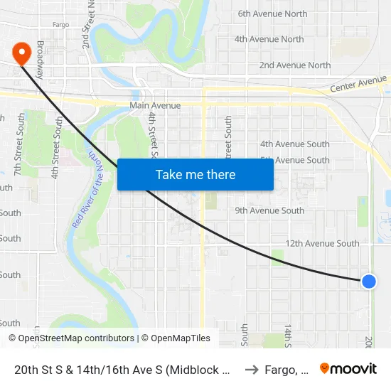 20th St S & 14th/16th Ave S (Midblock West) to Fargo, ND map