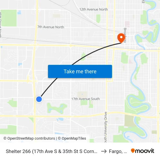 Shelter 266 (17th Ave S & 35th St S Corner Sw) to Fargo, ND map