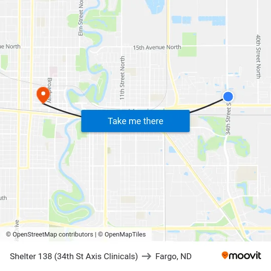 Shelter 138 (34th St Axis Clinicals) to Fargo, ND map