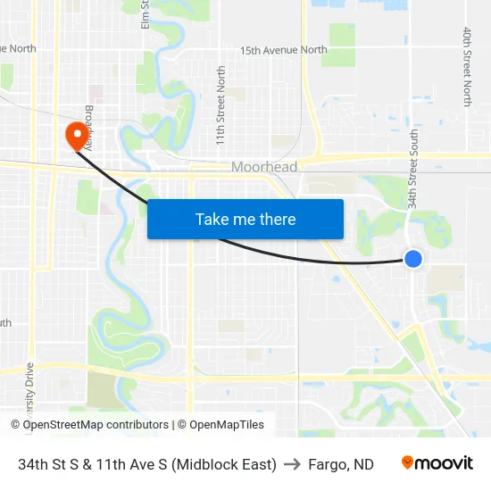 34th St S & 11th Ave S (Midblock East) to Fargo, ND map