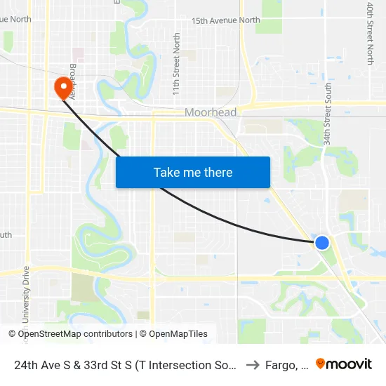 24th Ave S & 33rd St S (T Intersection South Side) to Fargo, ND map