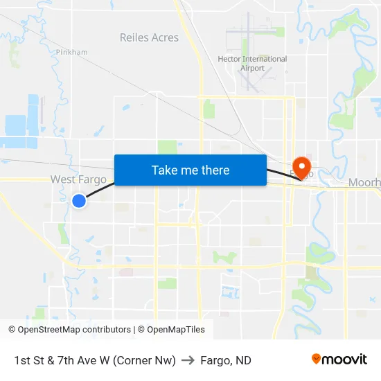 1st St & 7th Ave W (Corner Nw) to Fargo, ND map
