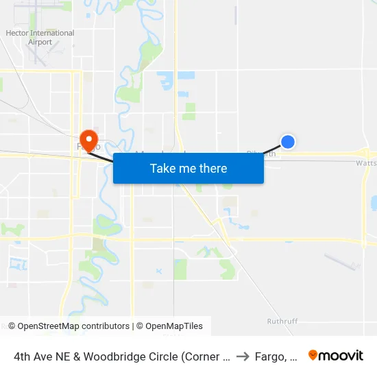 4th Ave NE & Woodbridge Circle (Corner Sw) to Fargo, ND map