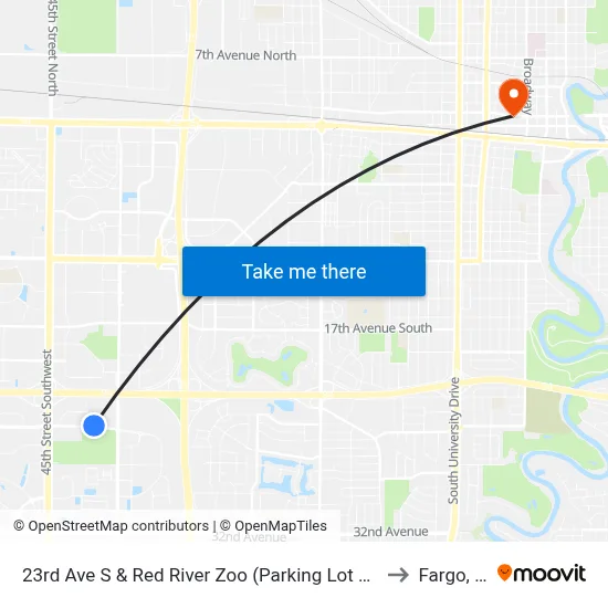 23rd Ave S & Red River Zoo (Parking Lot Entrance) to Fargo, ND map
