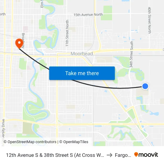 12th Avenue S & 38th Street S (At Cross Walk South Side) to Fargo, ND map