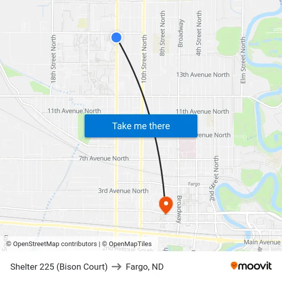 Shelter 225 (Bison Court) to Fargo, ND map