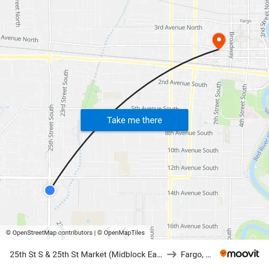 25th St S & 25th St Market (Midblock East) to Fargo, ND map