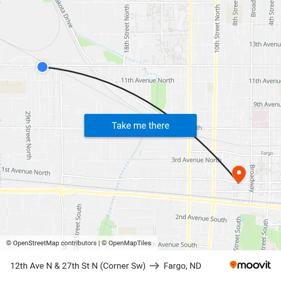 12th Ave N & 27th St N (Corner Sw) to Fargo, ND map
