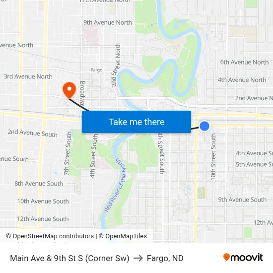 Main Ave & 9th St S (Corner Sw) to Fargo, ND map