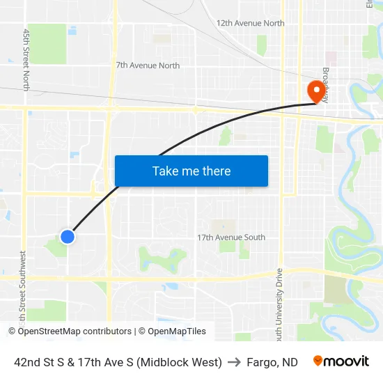 42nd St S & 17th Ave S (Midblock West) to Fargo, ND map