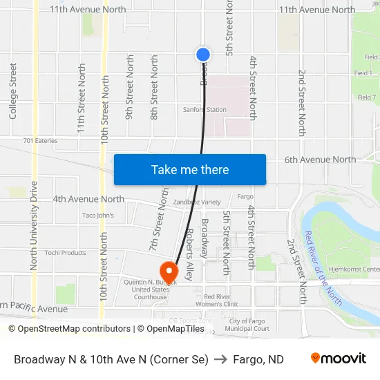 Broadway N & 10th Ave N (Corner Se) to Fargo, ND map