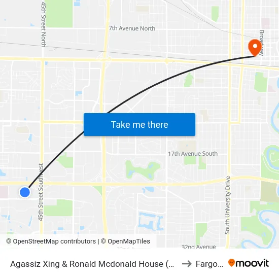 Agassiz Xing & Ronald Mcdonald House (Midblock North) to Fargo, ND map
