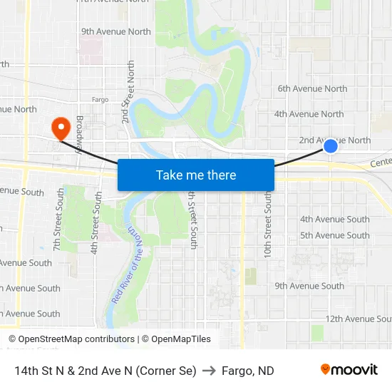 14th St N & 2nd Ave N (Corner Se) to Fargo, ND map