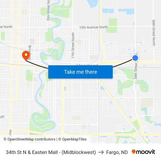 34th St N & Easten Mall - (Midblockwest) to Fargo, ND map