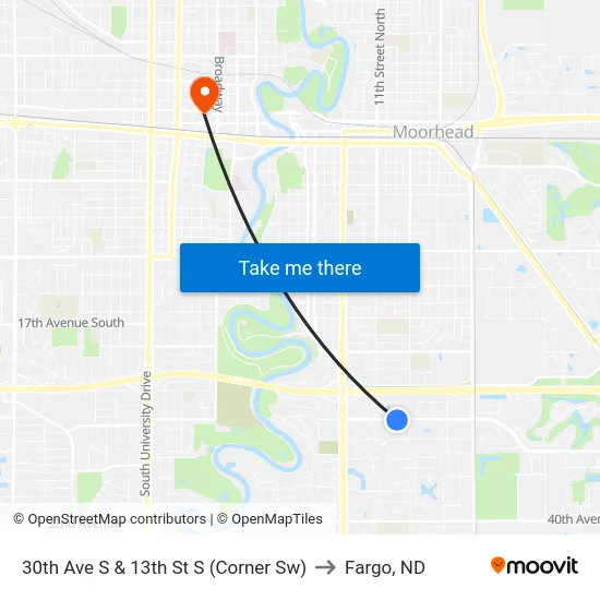 30th Ave S & 13th St S (Corner Sw) to Fargo, ND map