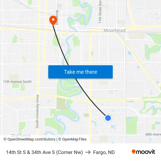 14th St S & 34th Ave S (Corner Nw) to Fargo, ND map