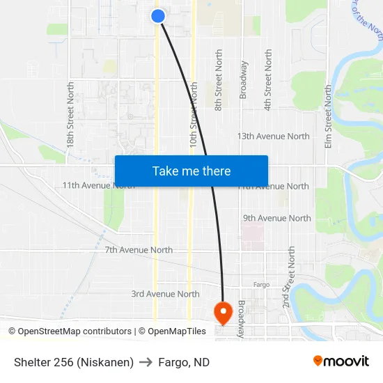 Shelter 256 (Niskanen) to Fargo, ND map