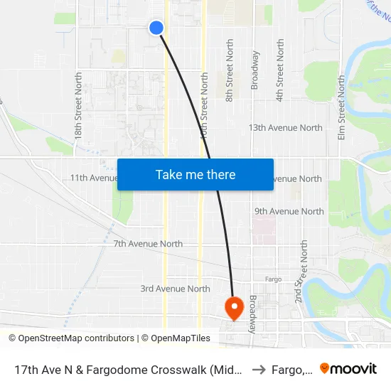 17th Ave N & Fargodome Crosswalk (Midblock South) to Fargo, ND map