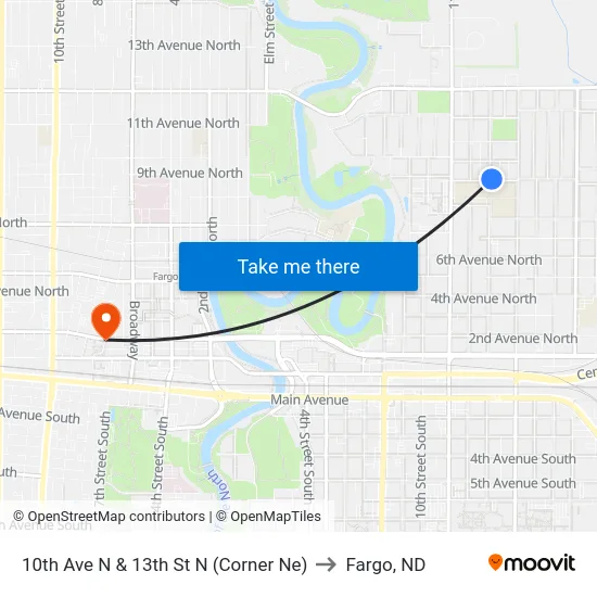 10th Ave N & 13th St N (Corner Ne) to Fargo, ND map