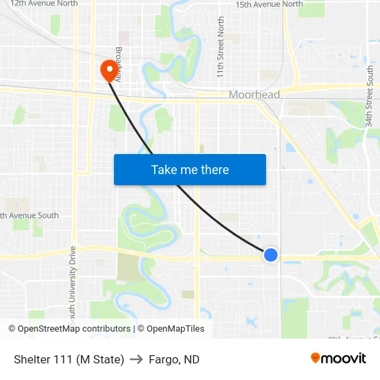 Shelter 111 (M State) to Fargo, ND map