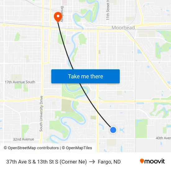 37th Ave S & 13th St S (Corner Ne) to Fargo, ND map