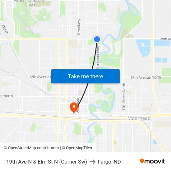 19th Ave N & Elm St N (Corner Sw) to Fargo, ND map