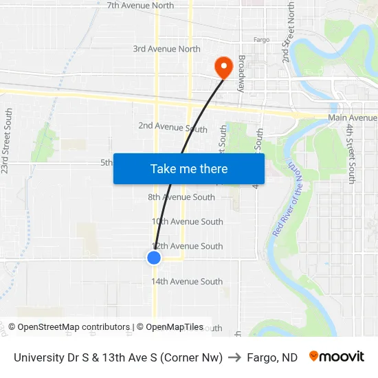 University Dr S & 13th Ave S (Corner Nw) to Fargo, ND map