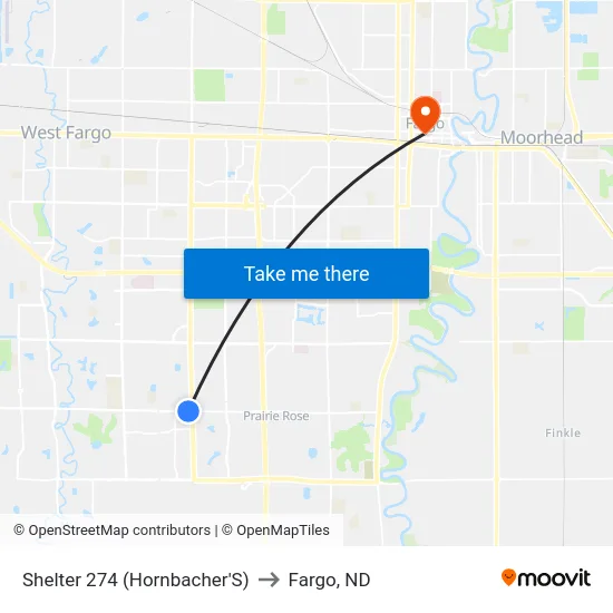 Shelter 274 (Hornbacher'S) to Fargo, ND map