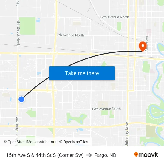 15th Ave S & 44th St S (Corner Sw) to Fargo, ND map