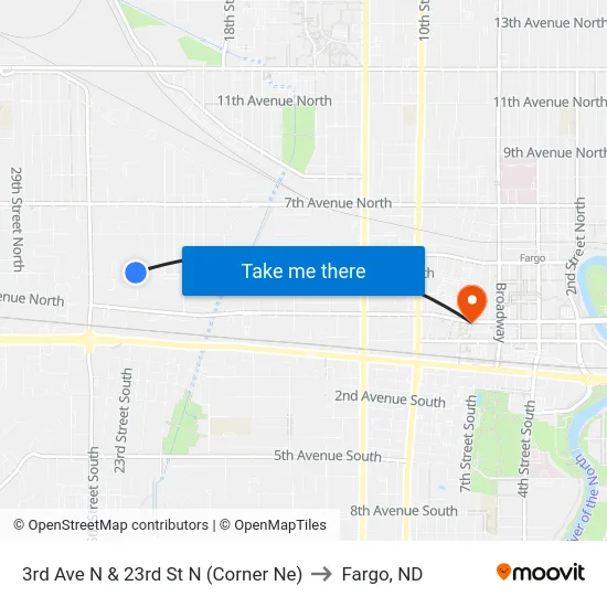 3rd Ave N & 23rd St N (Corner Ne) to Fargo, ND map