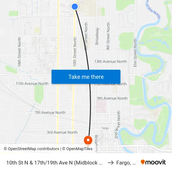10th St N & 17th/19th Ave N (Midblock East) to Fargo, ND map