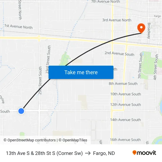 13th Ave S & 28th St S (Corner Sw) to Fargo, ND map